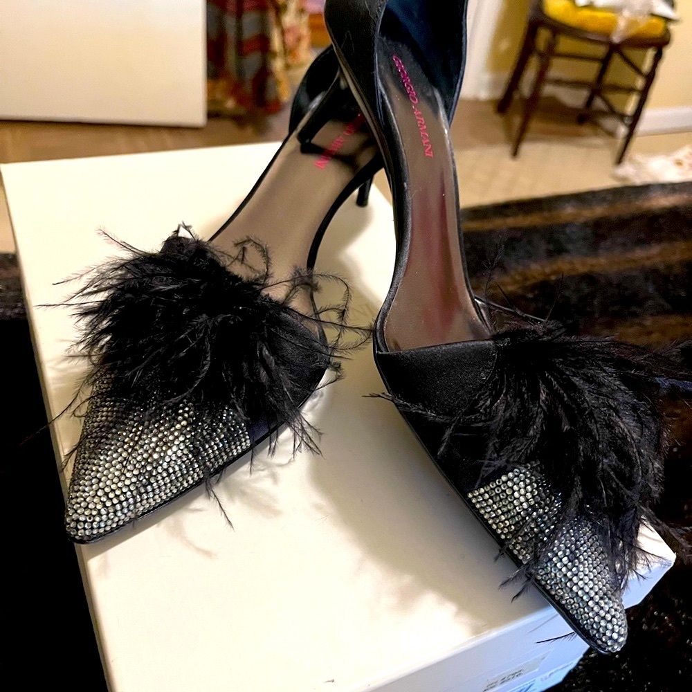 Couture Giorgio Armani Maribou, crystal, black satin shoes new.  Size 38